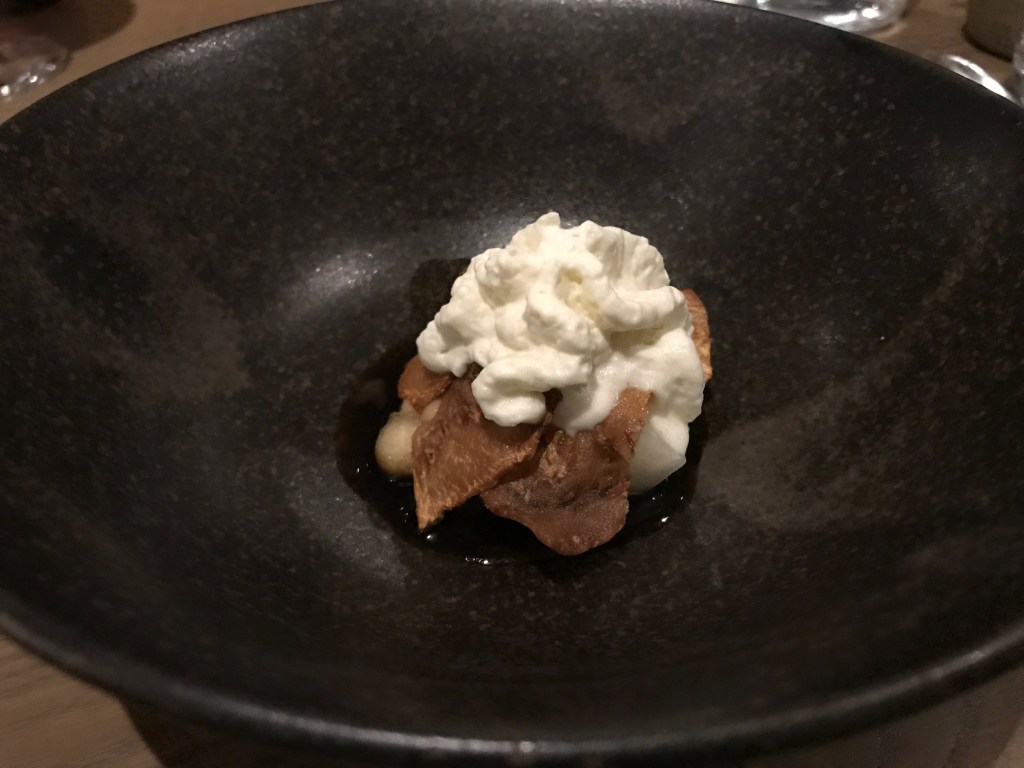 baked celeriac, blue cheese mousse, pickled quince and celeriac broth